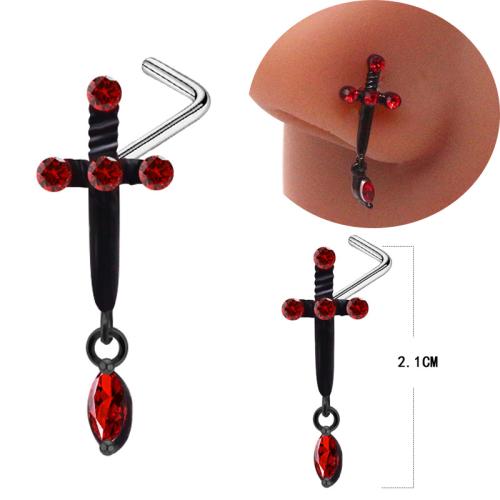 Acier inoxydable 304 Bijoux de Piercing de Nez, croix, Placage, unisexe & pavé de micro zircon, noire, 21mm Vendu par lot