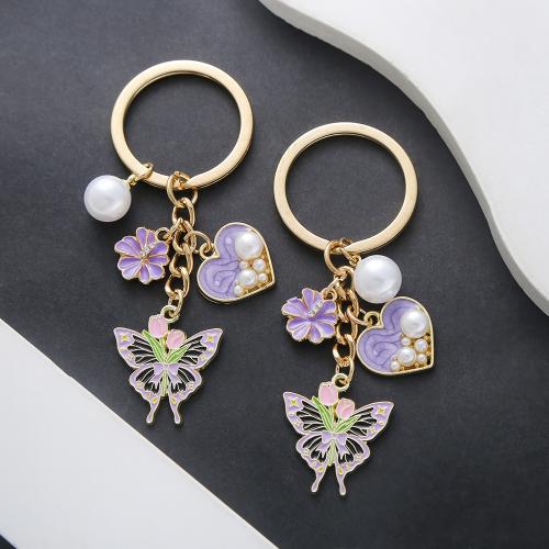 Enamel Zinc Alloy Key Chain, with Plastic Pearl, gold color plated, fashion jewelry 