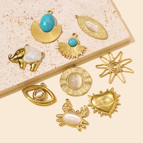 Stainless Steel Pendants, 304 Stainless Steel, with Natural Stone & Cats Eye & Resin, gold color plated, DIY 