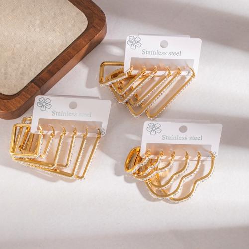 Boucle d'oreille goutte inox, Acier inoxydable 304, Placage, trois pièces & styles différents pour le choix & pour femme & avec strass, doré, Vendu par fixé[