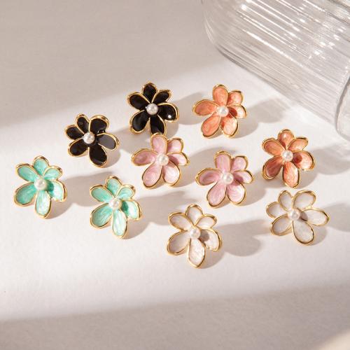 Boucle en acier inoxydable, Acier inoxydable 304, avec perle de plastique, fleur, Placage de couleur d'or, bijoux de mode & pour femme & émail, plus de couleurs à choisir, Vendu par paire