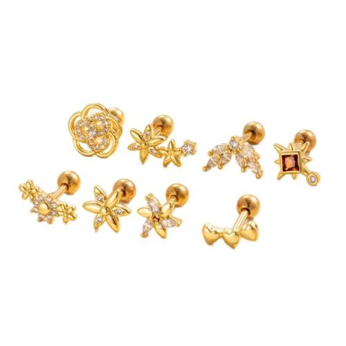 Bijoux de piercing d'oreille en acier inoxydable, Acier titane, avec laiton, Placage de couleur d'or, bijoux de mode & pavé de micro zircon, plus de couleurs à choisir, Vendu par PC