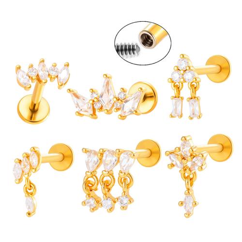 Bijoux de piercing d'oreille en acier inoxydable, Alliage de titane, avec laiton, Placage de couleur d'or, bijoux de mode & pavé de micro zircon, plus de couleurs à choisir, Vendu par PC