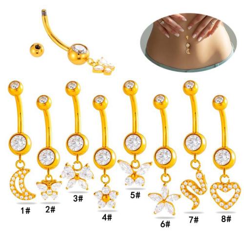 Titanium Alloy Belly Ring, gold color plated, fashion jewelry & micro pave cubic zirconia 