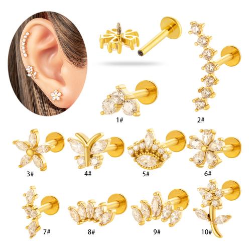 Acier titane piercing oreille, Placage de couleur d'or, bijoux de mode & pavé de micro zircon, plus de couleurs à choisir, Vendu par PC