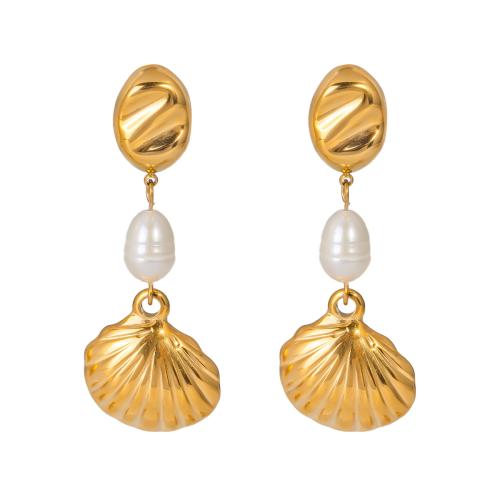 Boucle d'oreille goutte inox, Acier inoxydable 304, avec Shell Pearl, Placage ionique sous vide, bijoux de mode & pour femme, doré, Vendu par paire