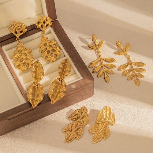 Boucle d'oreille goutte inox, Acier inoxydable 304, feuille, Plaqué or 18K, bijoux de mode & styles différents pour le choix & pour femme, Vendu par paire[