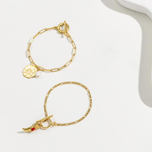 Acero inoxidable Pulsera con dijes, acero inoxidable 304, con Perlas plásticas, chapado, Joyería & diferentes estilos para la opción & para mujer, dorado, longitud:17 cm, Vendido por UD