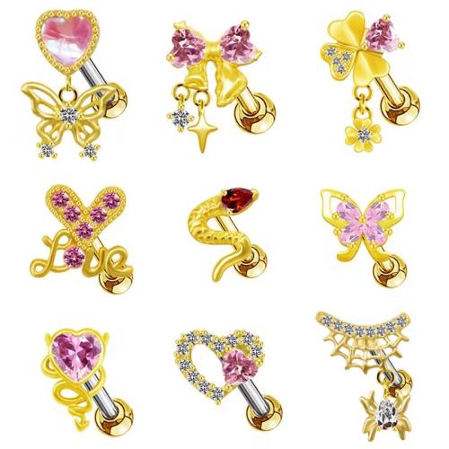 laiton piercing oreille, Placage de couleur d'or, unisexe & styles différents pour le choix & pavé de micro zircon Vendu par lot