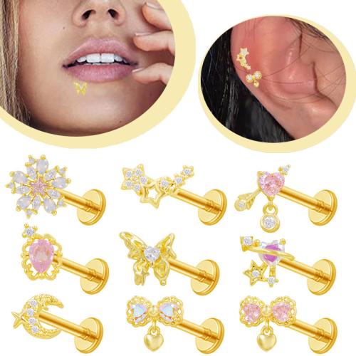 Acier inoxydable 304 piercing oreille, avec laiton, Placage de couleur d'or, unisexe & styles différents pour le choix & avec strass Vendu par lot