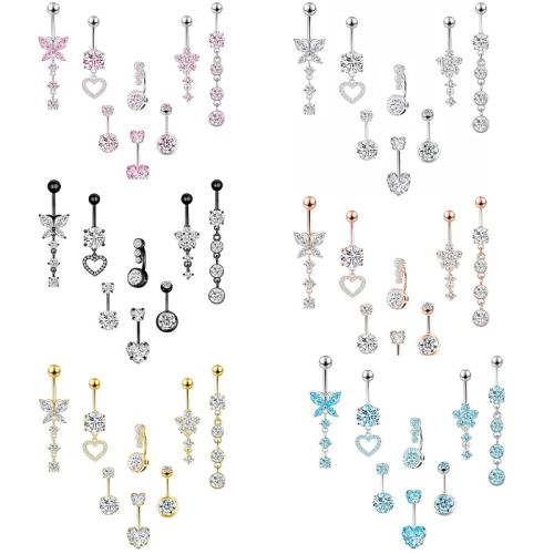 Acier inoxydable 304 anneau de ventre, Placage, 8 pièces & unisexe & pavé de micro zircon, plus de couleurs à choisir, belly ring length 20-50mm, Vendu par fixé[