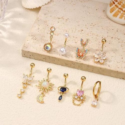 Acier inoxydable 304 anneau de ventre, avec perle de plastique, Placage, unisexe & styles différents pour le choix & pavé de micro zircon, belly ring length 20-40mm, Vendu par PC[