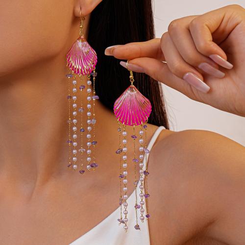 Fashion Fringe Boucles d'oreilles, résine, avec coquille & améthyste & perle de plastique & alliage de zinc, Placage de couleur d'or, bijoux de mode, plus de couleurs à choisir, Vendu par paire