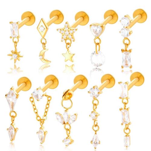 Bijoux de piercing d'oreille en acier inoxydable, Alliage de titane, Placage, bijoux de mode & pavé de micro zircon, plus de couleurs à choisir, Vendu par PC