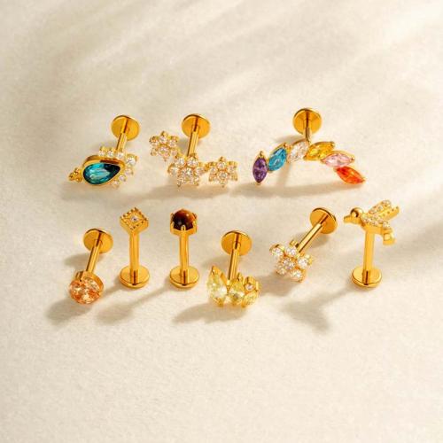 Bijoux de piercing d'oreille en acier inoxydable, Alliage de titane, Placage de couleur d'or, bijoux de mode & pavé de micro zircon, plus de couleurs à choisir, Vendu par PC