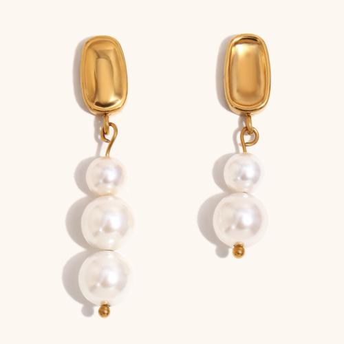 Boucles d'oreilles asymétriques, Acier inoxydable 304, avec perle de plastique, Plaqué or 18K, bijoux de mode & pour femme, Vendu par paire
