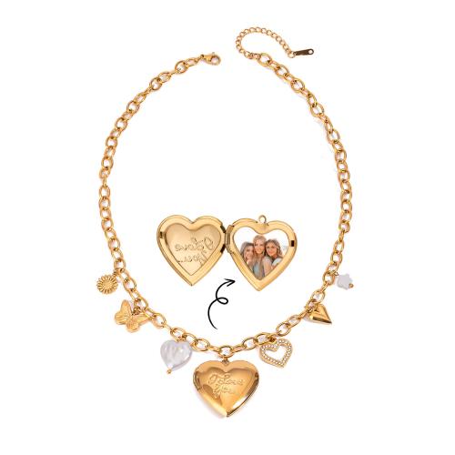 Collier Fashion, Acier inoxydable 304, avec Shell Pearl, Placage, peut s’ouvrir et mettre dans quelque chose & pour femme & avec strass, doré, Vendu par PC[