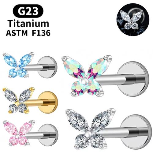 Alliage de titane Goujons perforés pour les lèvres, avec Alliage de cuivre, papillon, poli, unisexe & normes différentes pour le choix & pavé de micro zircon, plus de couleurs à choisir, Vendu par PC