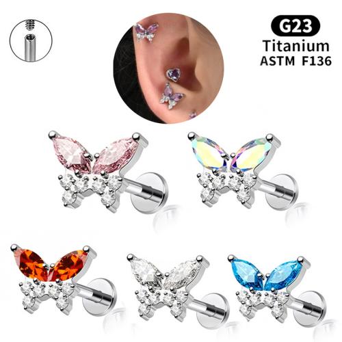 Alliage de titane piercing oreille, avec Alliage de cuivre, papillon, poli, unisexe & normes différentes pour le choix & pavé de micro zircon, plus de couleurs à choisir, Vendu par PC