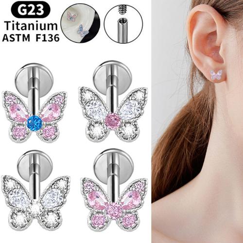 Alliage de titane piercing oreille, avec Alliage de cuivre, papillon, poli, unisexe & normes différentes pour le choix & pavé de micro zircon, plus de couleurs à choisir, Vendu par PC