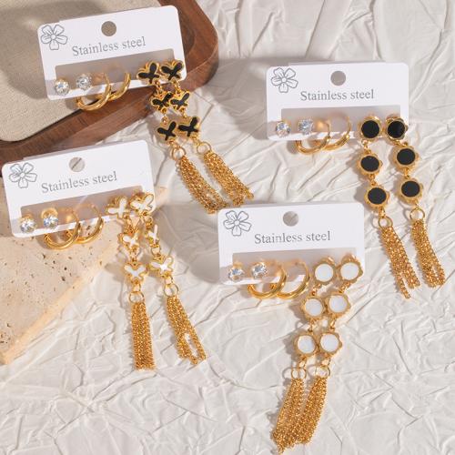 Fashion Fringe Boucles d'oreilles, Acier inoxydable 304, avec coquille blanche & Acrylique, trois pièces & différents matériaux pour le choix & styles différents pour le choix & pour femme & avec strass, doré, Vendu par fixé