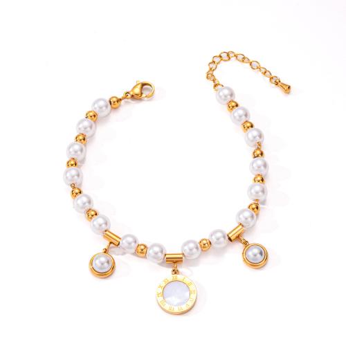 Acero inoxidable Pulsera con dijes, acero inoxidable 304, con Nácar Blanca & Perlas plásticas, 18K chapado en oro, Joyería & diferentes estilos para la opción & para mujer, Vendido por UD