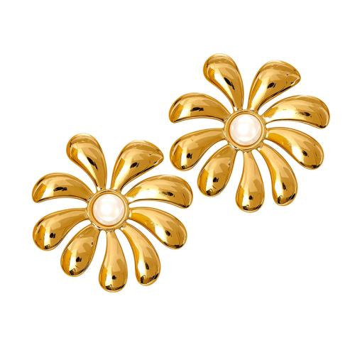 Boucle en acier inoxydable, Acier inoxydable 304, avec perle de plastique, Placage, bijoux de mode & styles différents pour le choix & pour femme, doré, Vendu par paire