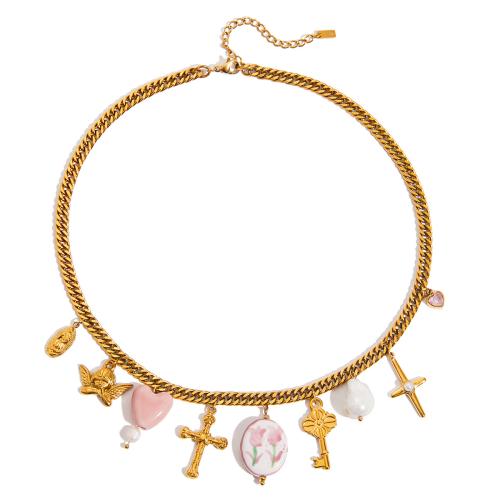 ステンレス鋼のジュエリーネックレス, 304ステンレススチール, とともに キュービックジルコニア & 磁器 & プラスチック製パール, 18Kゴールドメッキ, ファッションジュエリー & 異なるスタイルを選択 & 女性用, 売り手 パソコン