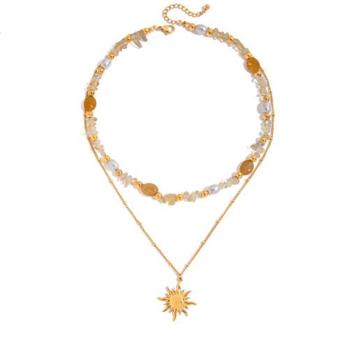 Gemstone Chip Necklaces, 304 Stainless Steel, with Natural Stone & Glass Pearl, plated, Double Layer & fashion jewelry & for woman, shell pink 