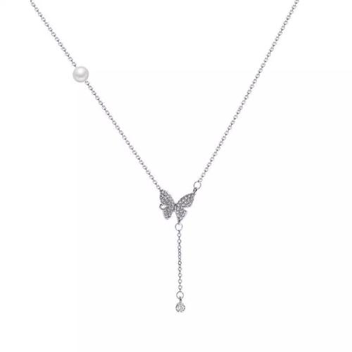 Harz Messing Halskette, mit Kunststoff Perlen, Schmetterling, plattiert, Modeschmuck & mit Strass, Silberfarbe, 1.7x1.4mm, Länge:45 cm, verkauft von PC