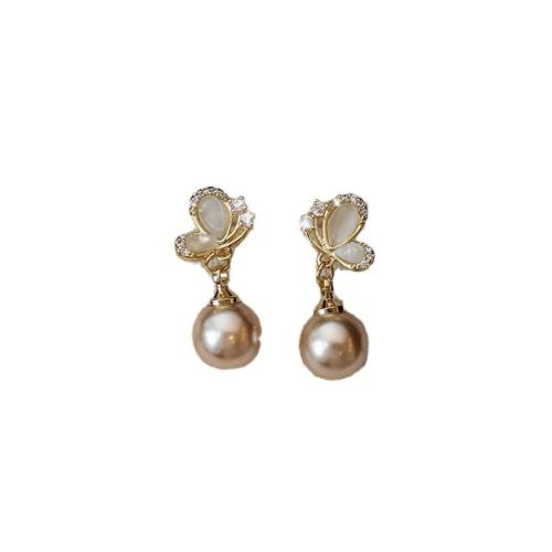 Boucles d'oreilles en laiton zircon cubique pavent, avec plastique, Placage, bijoux de mode & perle d'imitation & pavé de micro zircon, doré Vendu par paire[