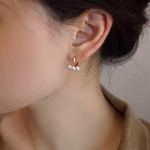 Latón Huggie pendiente del aro, metal, con Perlas plásticas, Joyería, color de rosa dorada, 11.6x13.6mm, Vendido por Par