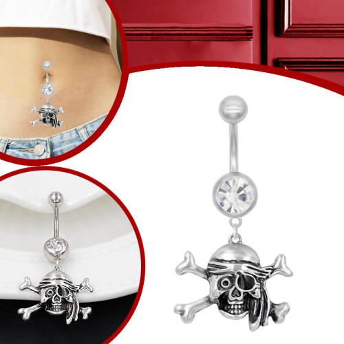 Zinc Alloy Belly Ring, Skull, plated, Halloween Design & Unisex & with rhinestone & blacken 