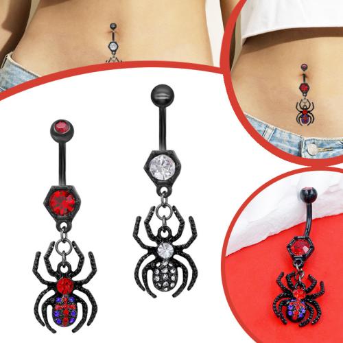 Brass Belly Ring, Spider, plated, Halloween Design & Unisex & with rhinestone 