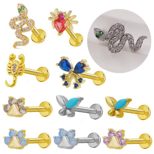 Brass Lip Piercing Stud, plated, Unisex & with rhinestone 