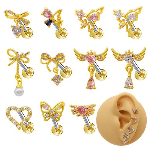 Acier titane piercing oreille, avec perle de plastique, Placage, unisexe & styles différents pour le choix & pavé de micro zircon Vendu par lot