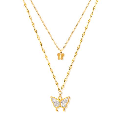 ステンレス鋼のジュエリーネックレス, 304ステンレススチール, メッキ, ダブルレイヤー & 女性用 & ライン石のある, 金色, 売り手 パソコン