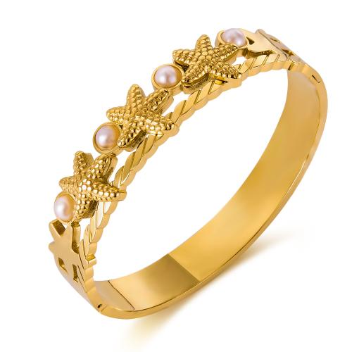 Stainless Steel Bangle, 304 Stainless Steel, with Plastic Pearl, gold color plated, fashion jewelry & for woman & hollow 