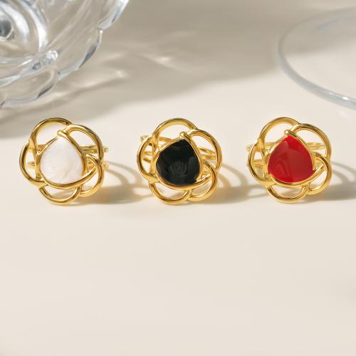 Émail Bague en Acier inoxydable , Acier inoxydable 304, fleur, Placage sous vide, pour femme & émail & creux, doré, Vendu par PC