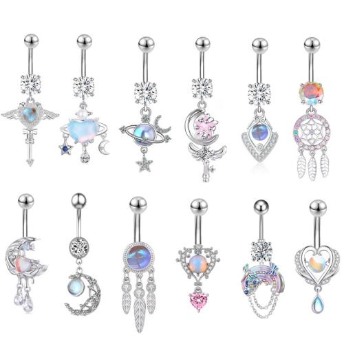 304 Stainless Steel Belly Ring, with Cats Eye, Unisex & with rhinestone, belly ring rod size 