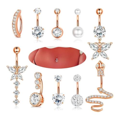 304 Stainless Steel Belly Ring, with Plastic Pearl, 10 pieces & micro pave cubic zirconia & for woman belly ring rod size 