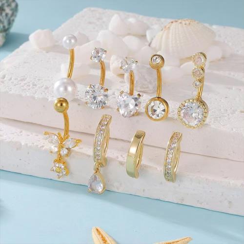 304 Stainless Steel Belly Ring, with Plastic Pearl, plated, micro pave cubic zirconia & for woman belly ring length 10-25mm 