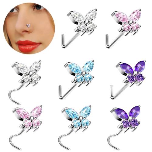 Acier inoxydable 304 Bijoux de Piercing de Nez, papillon, unisexe & styles différents pour le choix & pavé de micro zircon, Vendu par PC