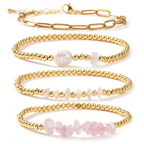 Fashion Zinc Alloy Bracelets, with ABS Plastic Pearl & Amethyst, gold color plated, fashion jewelry & multilayer [