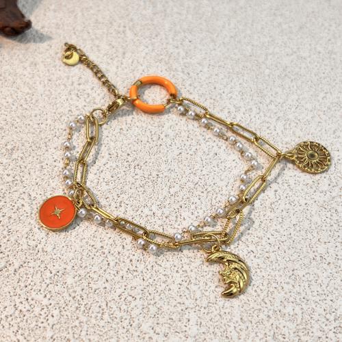 Acero inoxidable Pulsera con dijes, acero inoxidable 304, con Perlas plásticas, chapado, Doble capa & para mujer & esmalte, dorado, Vendido por UD