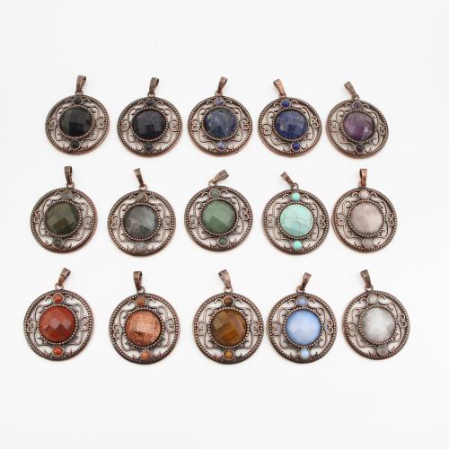 Gemstone Pendantifs en laiton, avec pierre gemme, Rond, Plaqué de couleur de cuivre antique, DIY & différents matériaux pour le choix & creux Vendu par PC