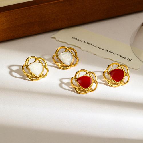 Boucle en acier inoxydable, Acier inoxydable 304, fleur, Plaqué or 18K, pour femme & émail & creux, plus de couleurs à choisir, Vendu par paire
