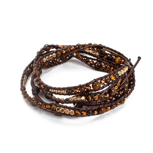 Pulseras de abrigo, Ojo de tigre, con Cordón de cera & metal & aleación de zinc, Esférico, chapado, Joyería & multicapa & unisexo, color mixto, longitud:aproximado 85 cm, Vendido por Sarta