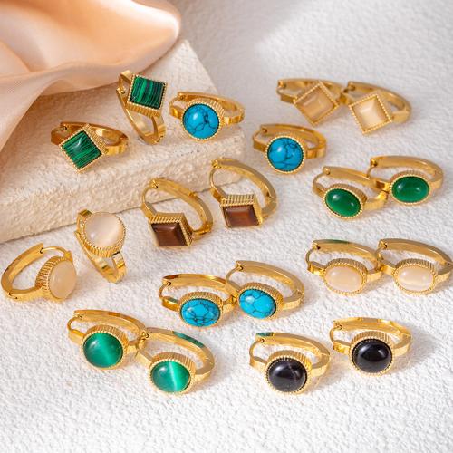 Драгоценный камень падение Серьги, Нержавеющая сталь 304, с Природный камень, плакирован золотом, ювелирные изделия моды & инкрустированное микро кубического циркония, Много цветов для выбора, продается Пара