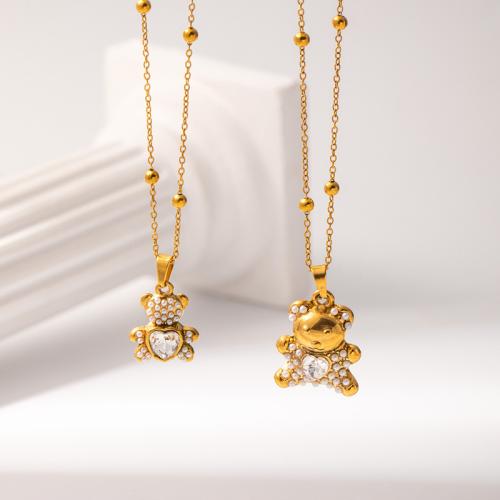 Titanium Steel Jewelry Necklace, with Plastic Pearl, gold color plated, fashion jewelry & micro pave cubic zirconia [